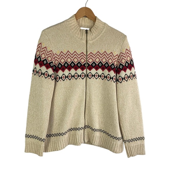 Liz Claiborne Sweaters - Vintage Liz Claiborne Fair Isle Sweater Women L Cream Full Zip Boho Southwestern